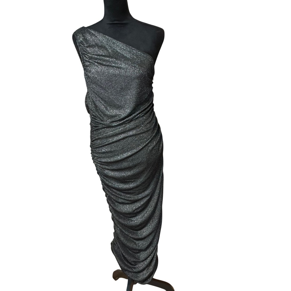 Michael Michael Kors One Shoulder Gown Large Black Silver Ruched NWT